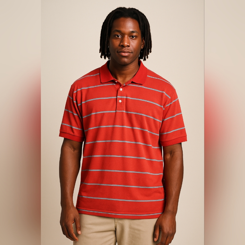 Vintage 80s Hedgely Single Stitch Retro Striped Polo Shirt Red Blue XL
